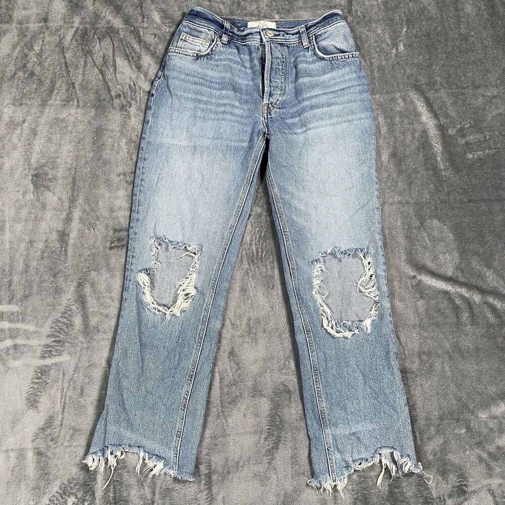 We The Free Mom Jeans Womens 26 Blue Light Wash Relaxed Fringe Distressed Denim